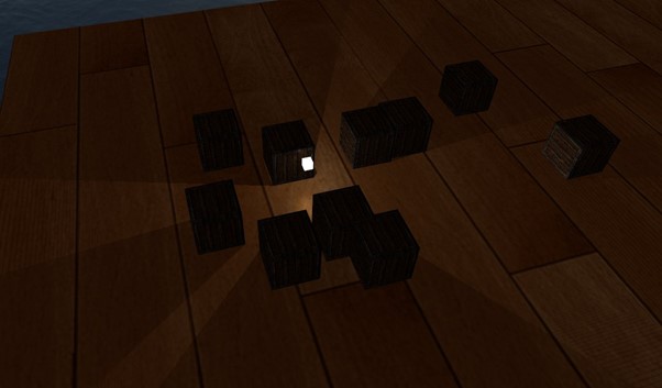 Image of several cubes surrounding a light source. Point shadows can be seen